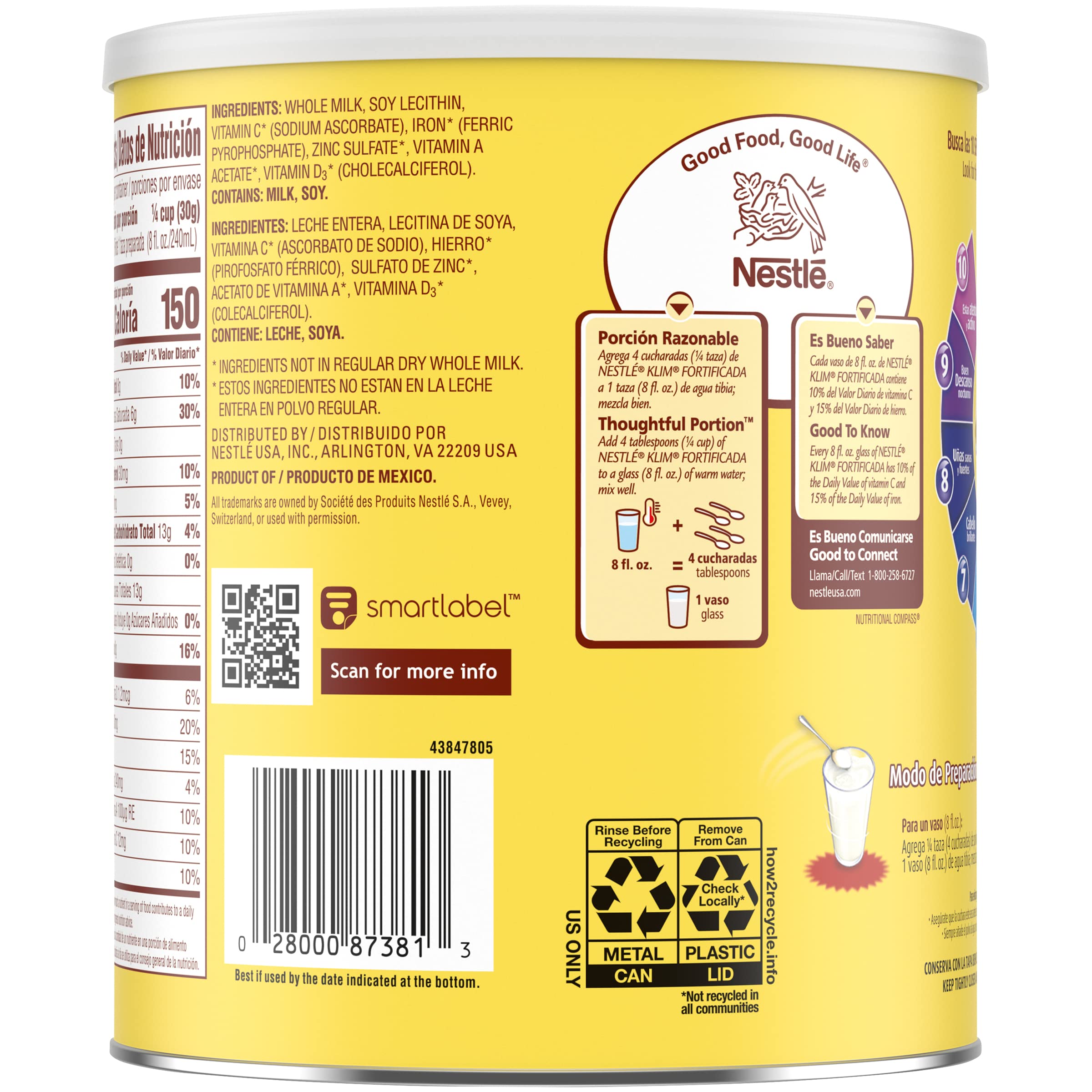 KLIM powdered milk drinking-ready for breakfasts and snacks with fortified nutrients.