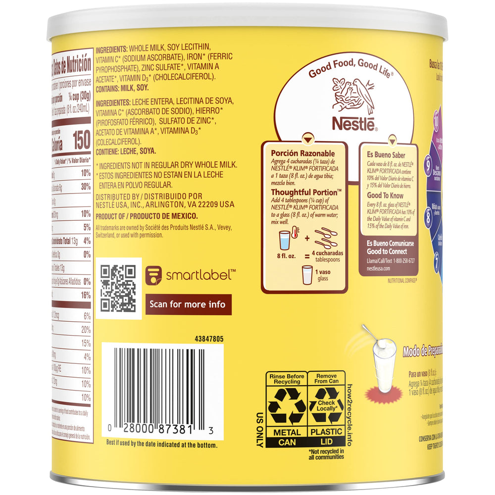 KLIM powdered milk drinking-ready for breakfasts and snacks with fortified nutrients.