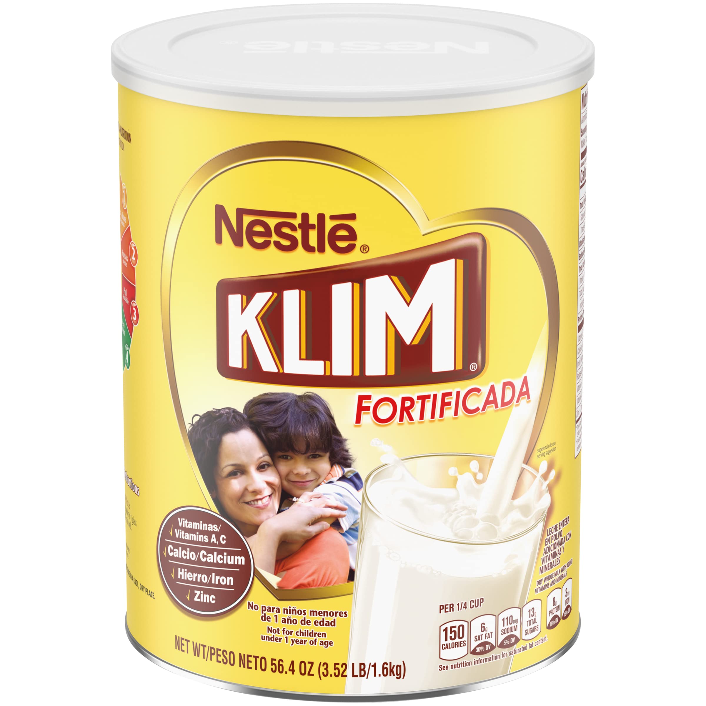 KLIM powdered milk tub on a kitchen shelf for versatile family use.