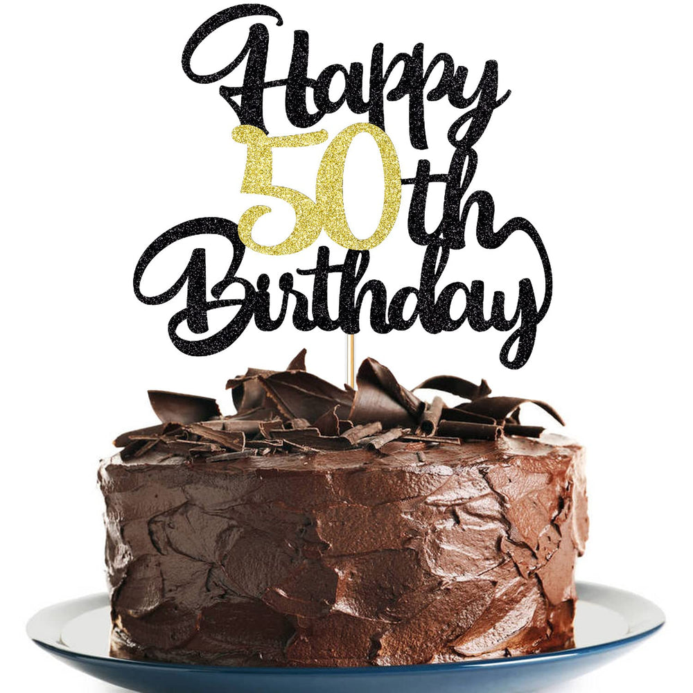 Klionjor 50th birthday topper on a black-gold cake for milestone photos