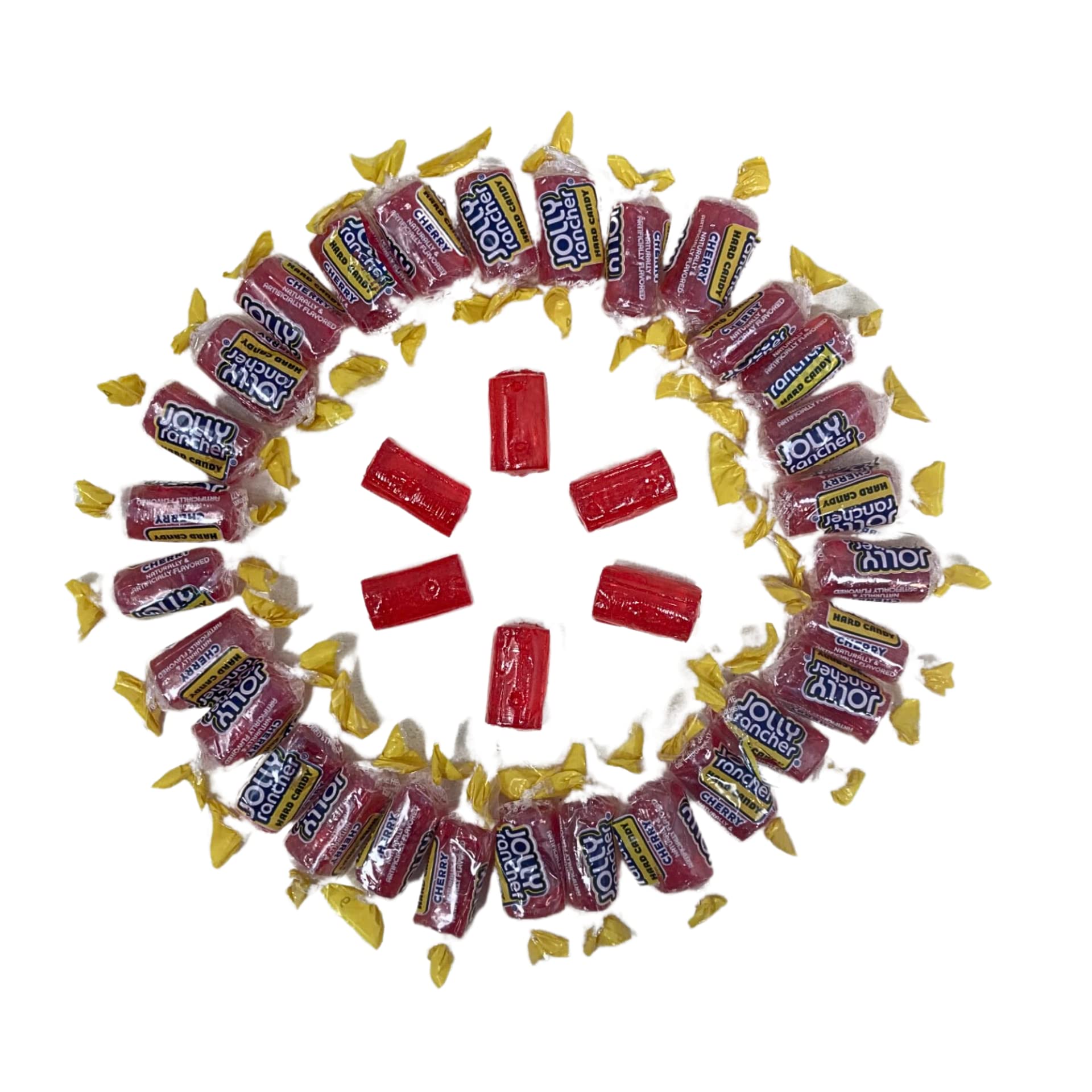 Glossy wrappers on Cherry Jolly Ranchers attract attention.