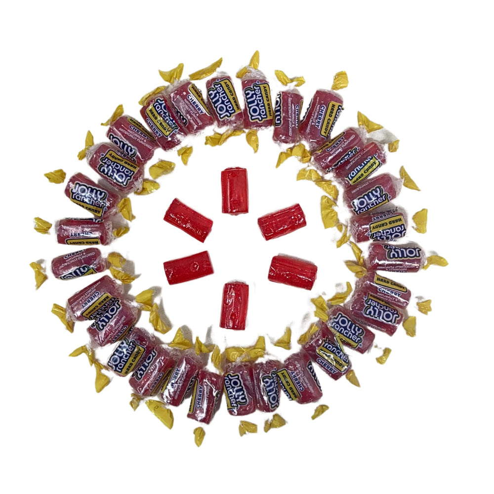 Glossy wrappers on Cherry Jolly Ranchers attract attention.