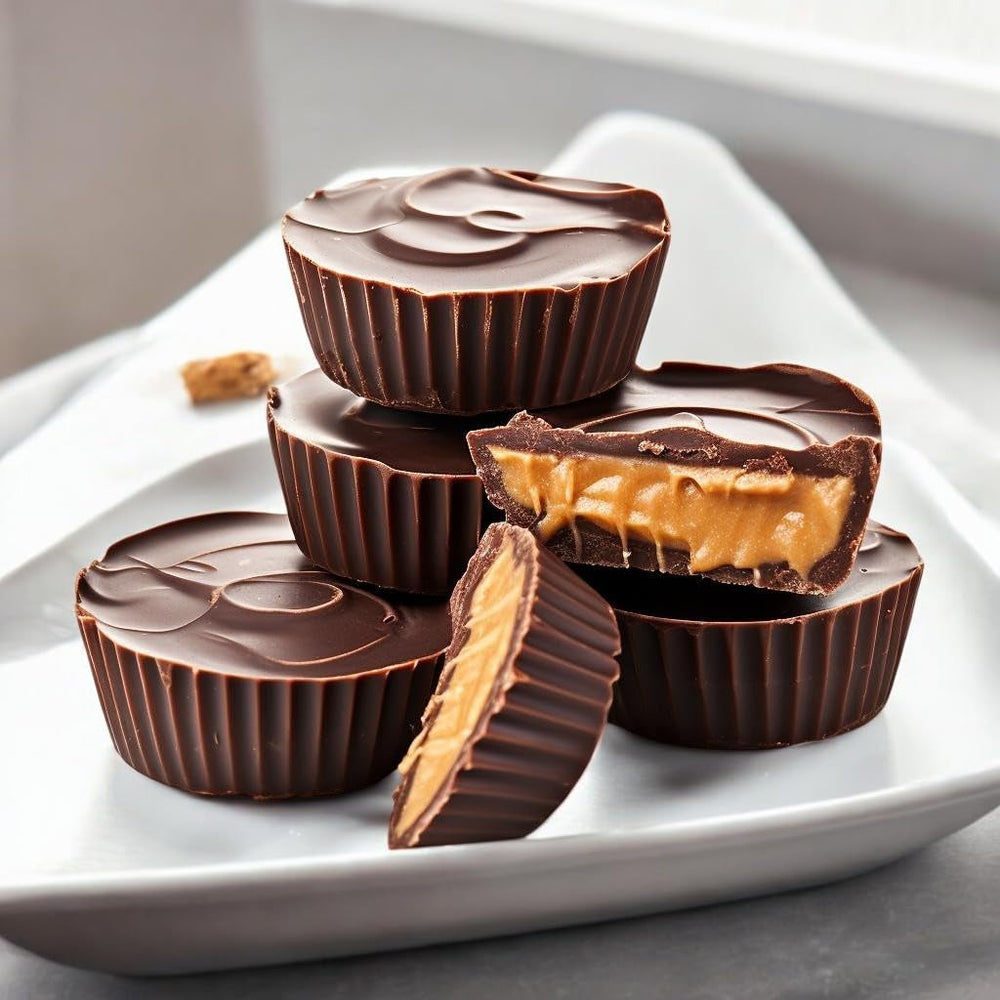 KLUB BULK sugar-free dark chocolate peanut butter cup close-up highlights creamy peanut center