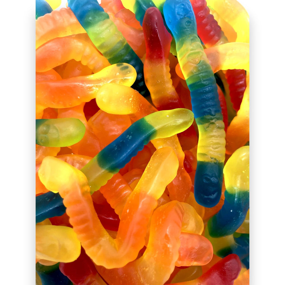 KLUB BULK Sugar-Free Gummi Worms multicolor display emphasizes party-ready color variety