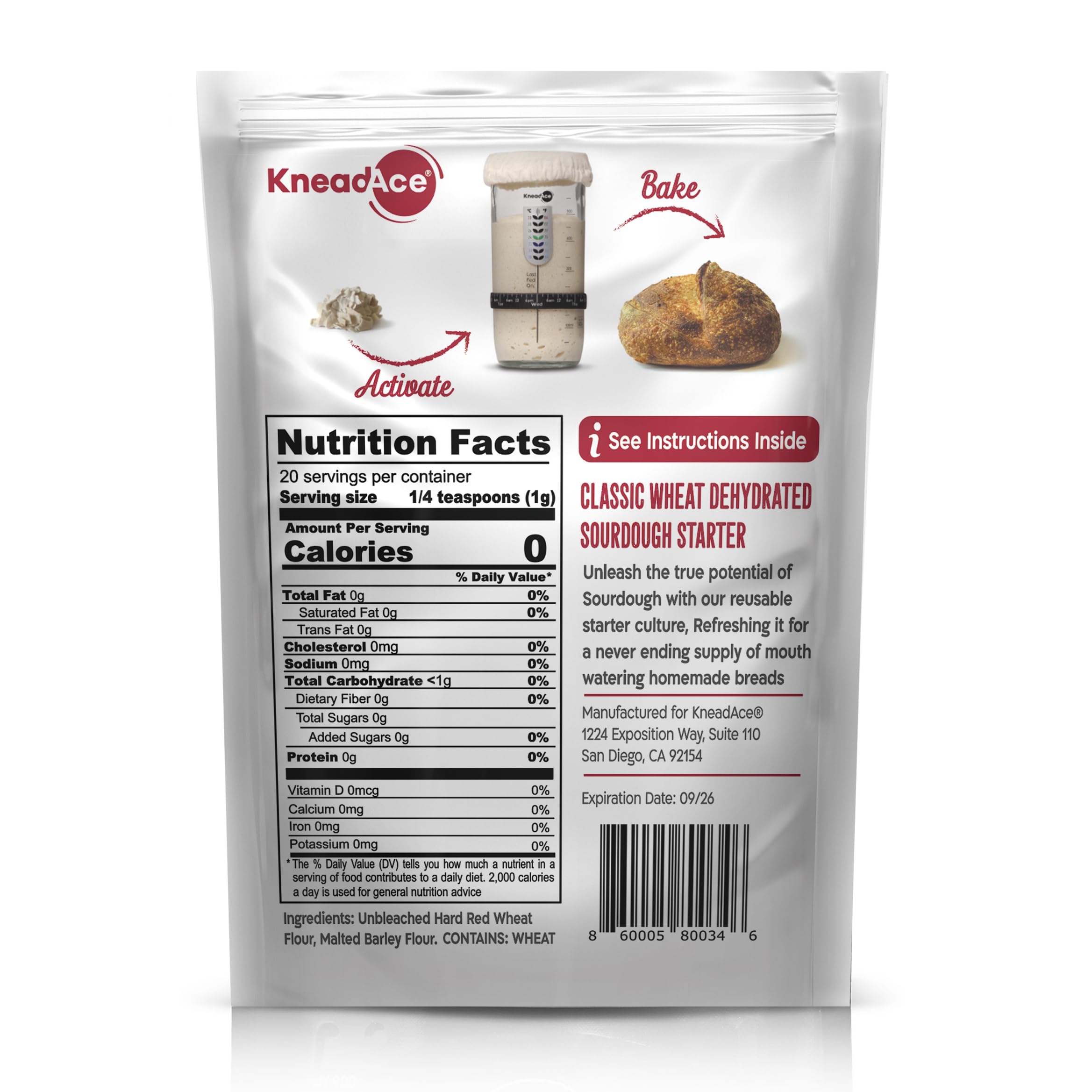 KneadAce sourdough starter jar label highlights natural ingredients.