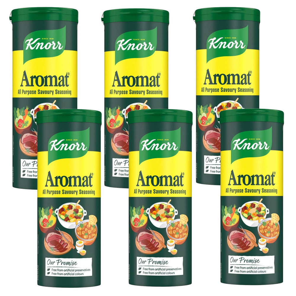 Knorr Aromat six-pack bottles ready for quick flavor boosts in meals.