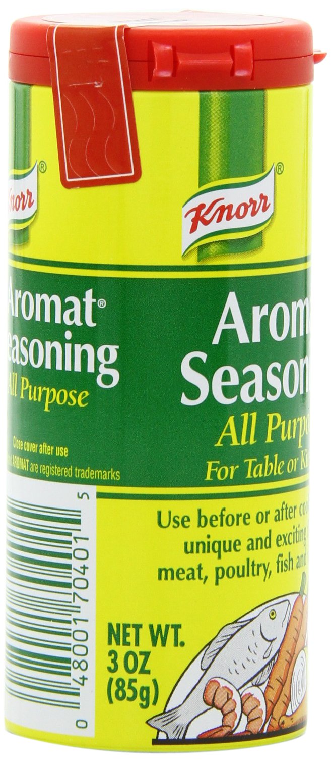 Pantry storage featuring Knorr Aromat Seasoning tub and labeled spices.