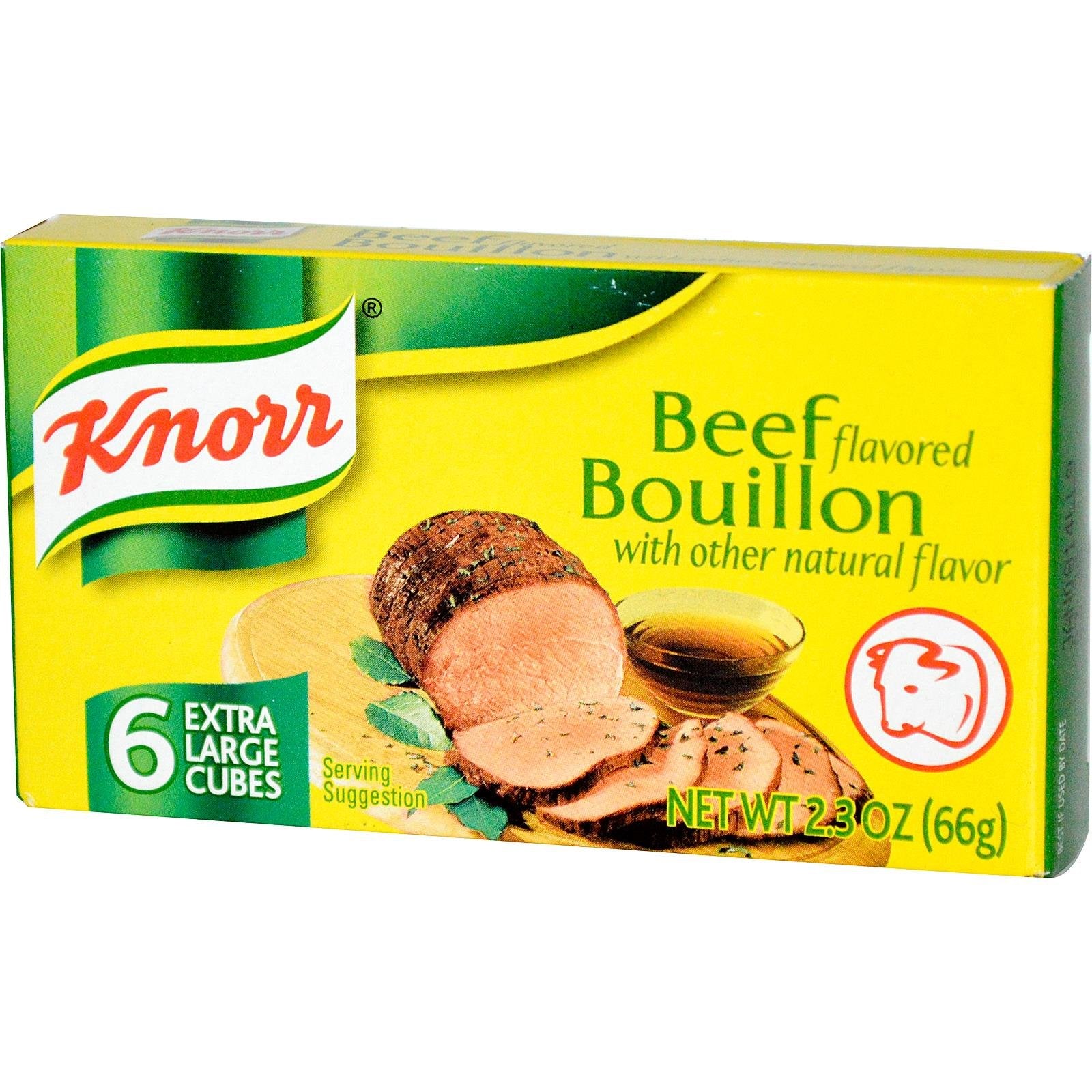 Knorr Beef Bouillon Cubes packaging shows chrome-finish plastic design for a sleek look and flavor base use.