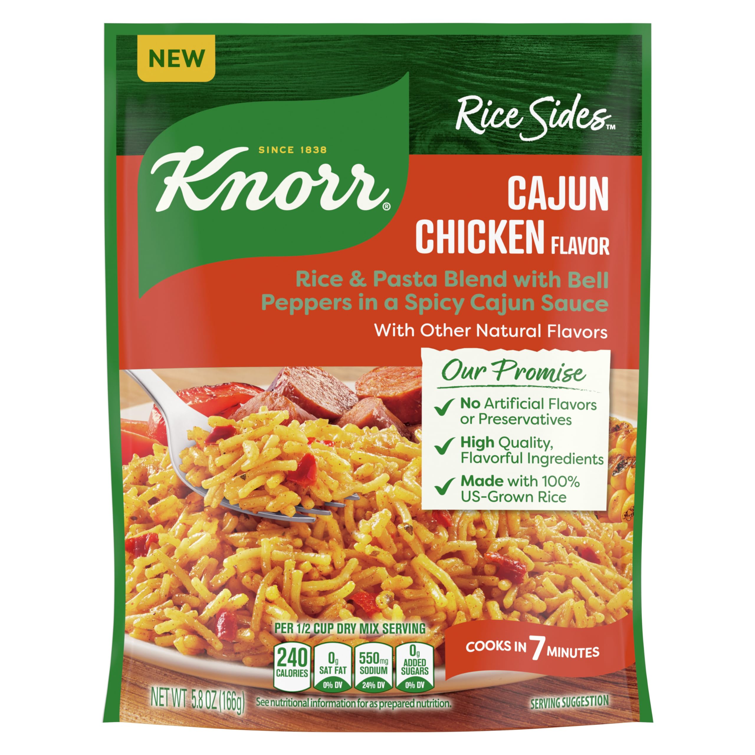 Knorr Cajun Chicken Flavored Side Meal packaging highlights a convenient 5.8 oz size.