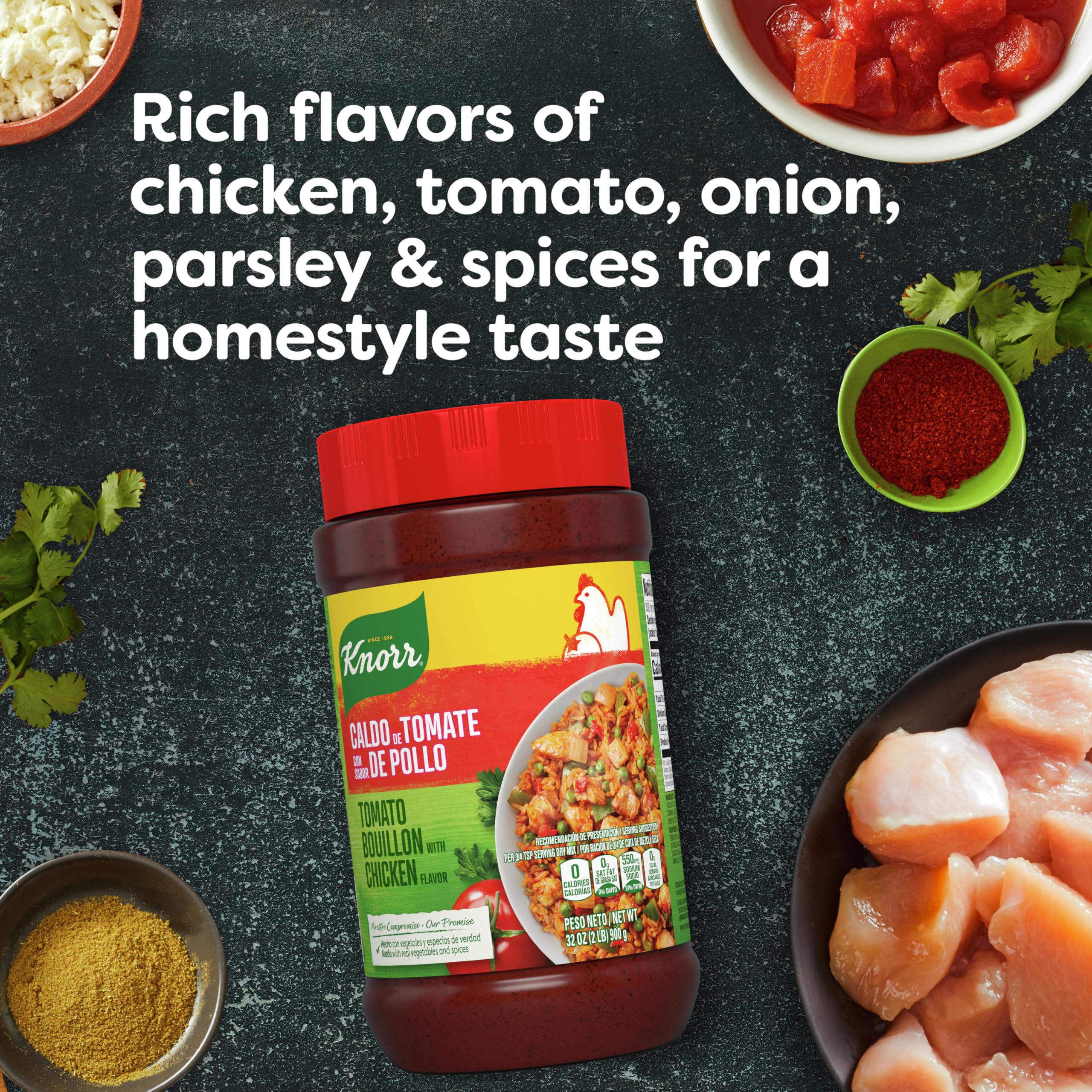 Knorr bouillon label emphasizes fat-free and cholesterol-free benefits.