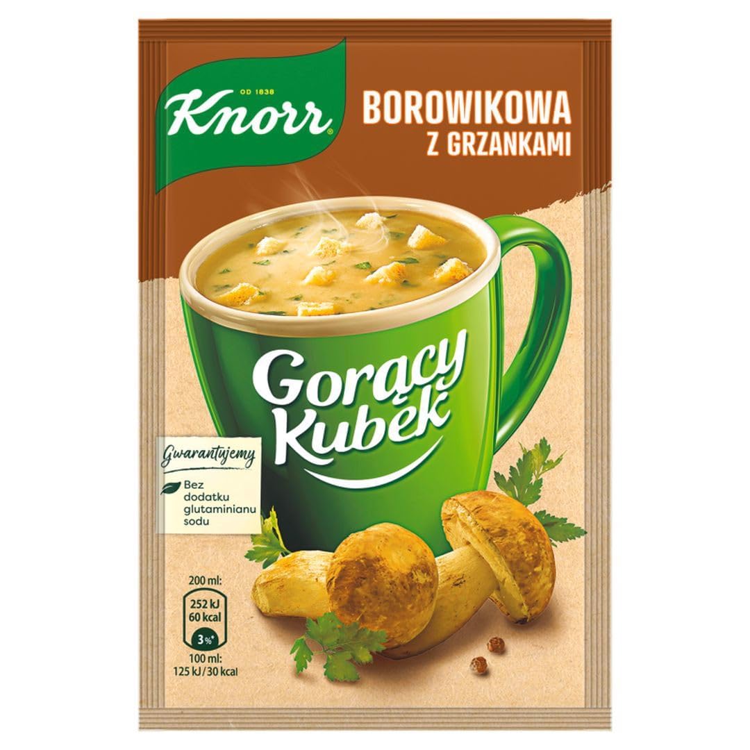 Knorr five-pack porcini soup cup, convenient meal option with savory mushroom flavor.