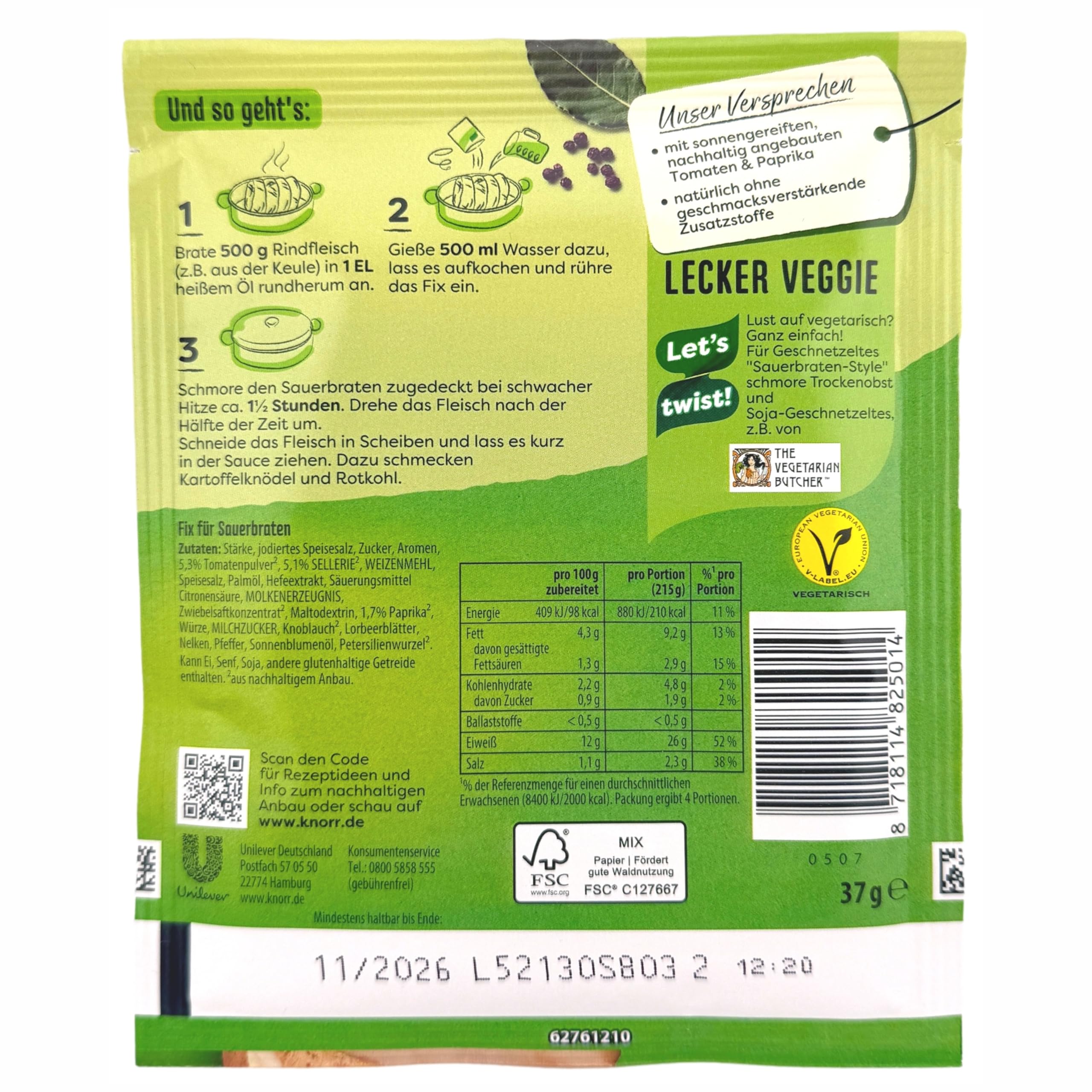 Knorr Fix Sauerbraten nutrition label closeup