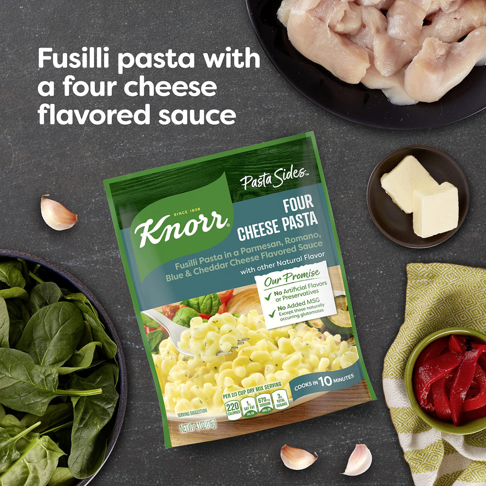 Knorr Four Cheese blend with Parmesan, Romano, Blue, and Cheddar for richness.
