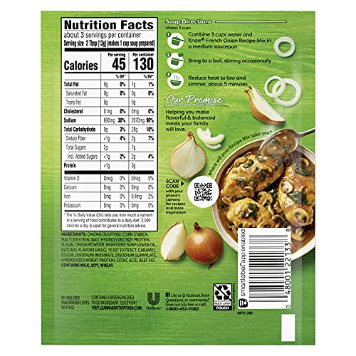 Knorr French Onion Soup Mix prepared soup in a bowl, rich onion flavor in minutes.