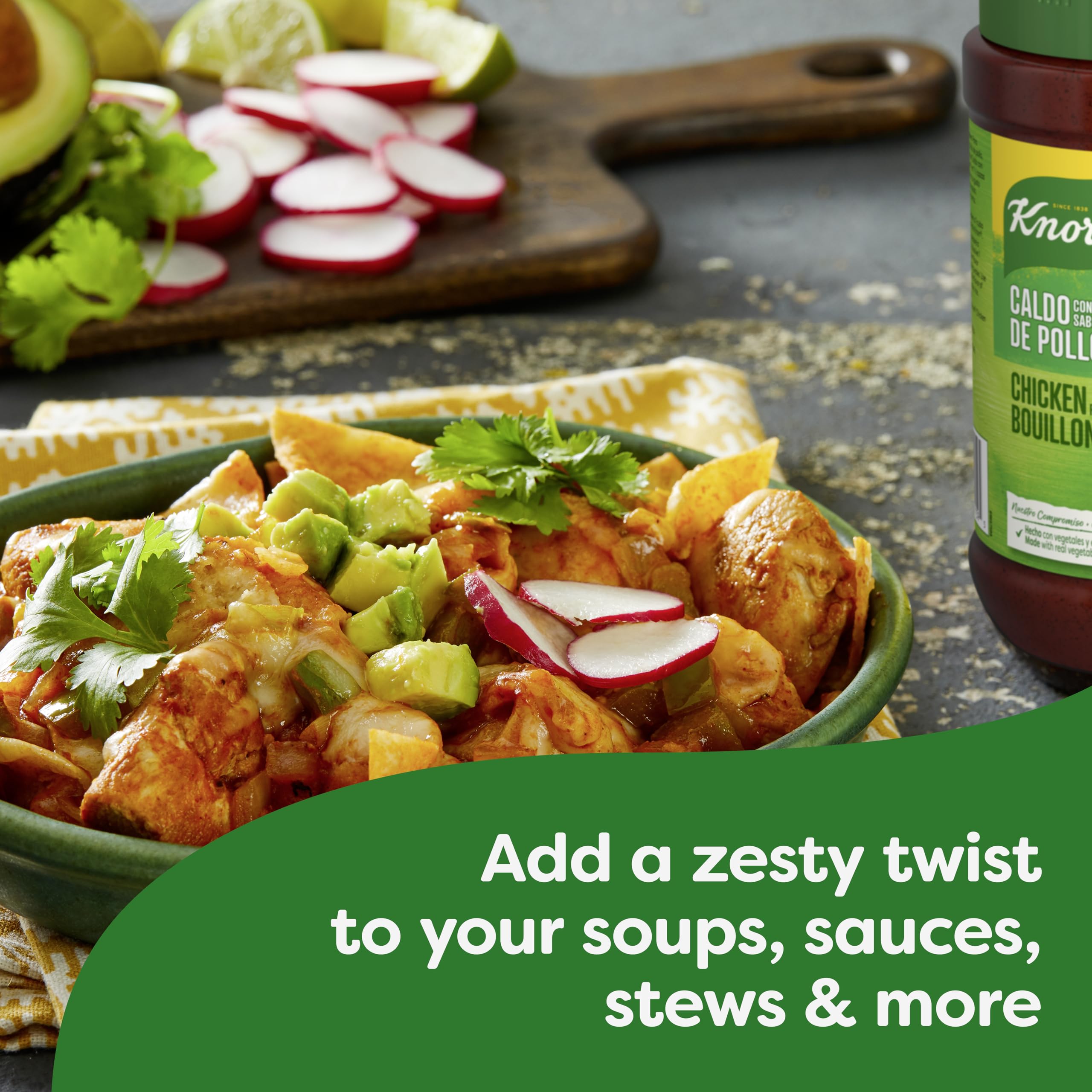 Knorr granulated chicken bouillon label close-up — fat-free and cholesterol-free.