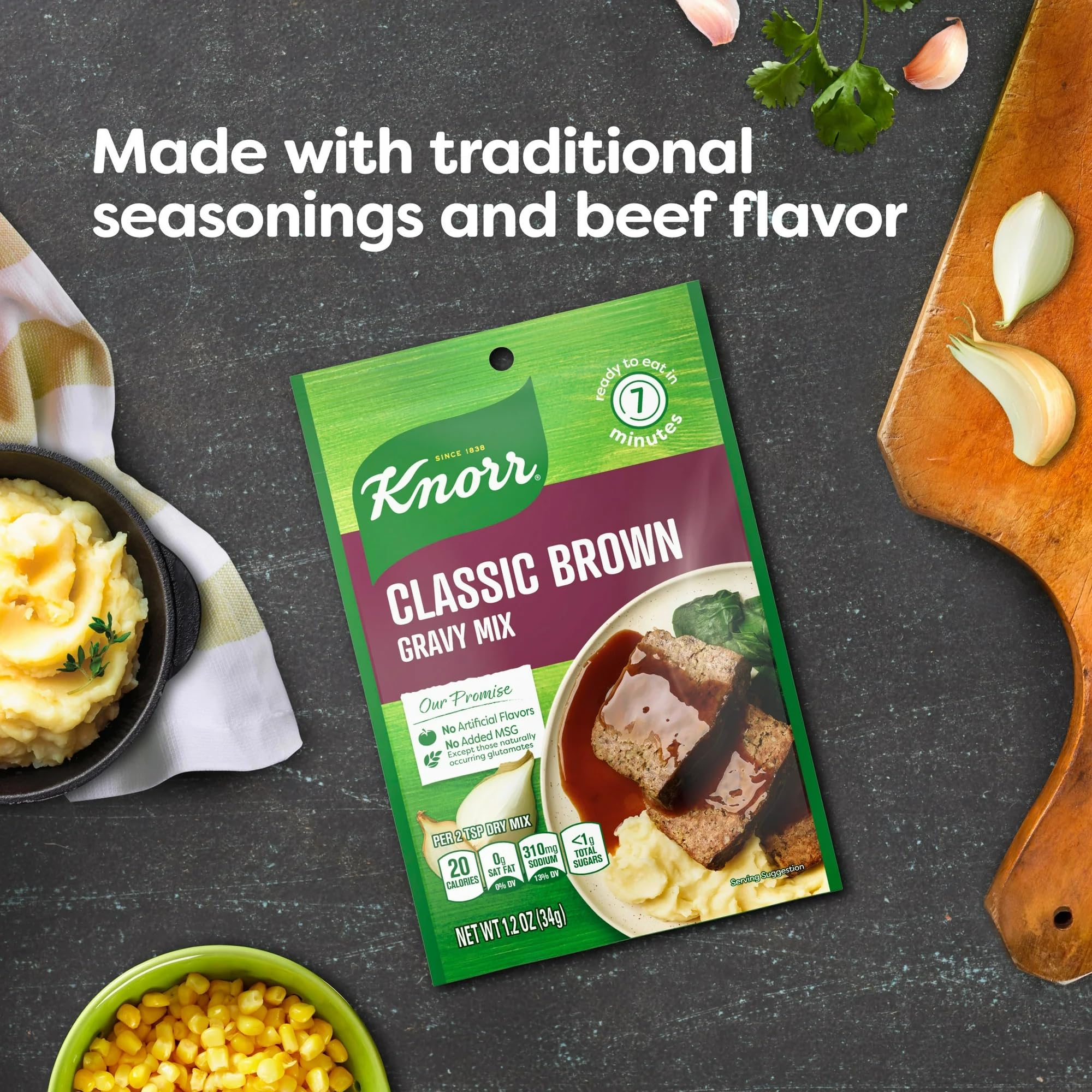Ready in roughly seven minutes, Knorr Classic Brown Gravy Mix enhances hearty dishes.