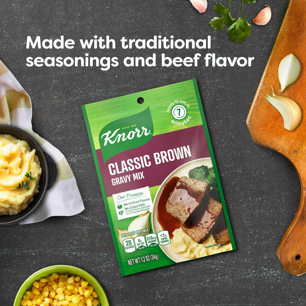 Ready in roughly seven minutes, Knorr Classic Brown Gravy Mix enhances hearty dishes.