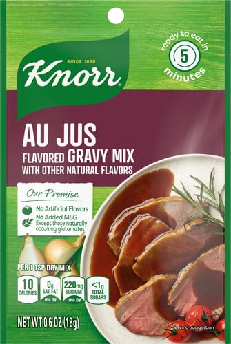 Knorr Gravy Mix Au Jus measuring cup shows portion readiness.
