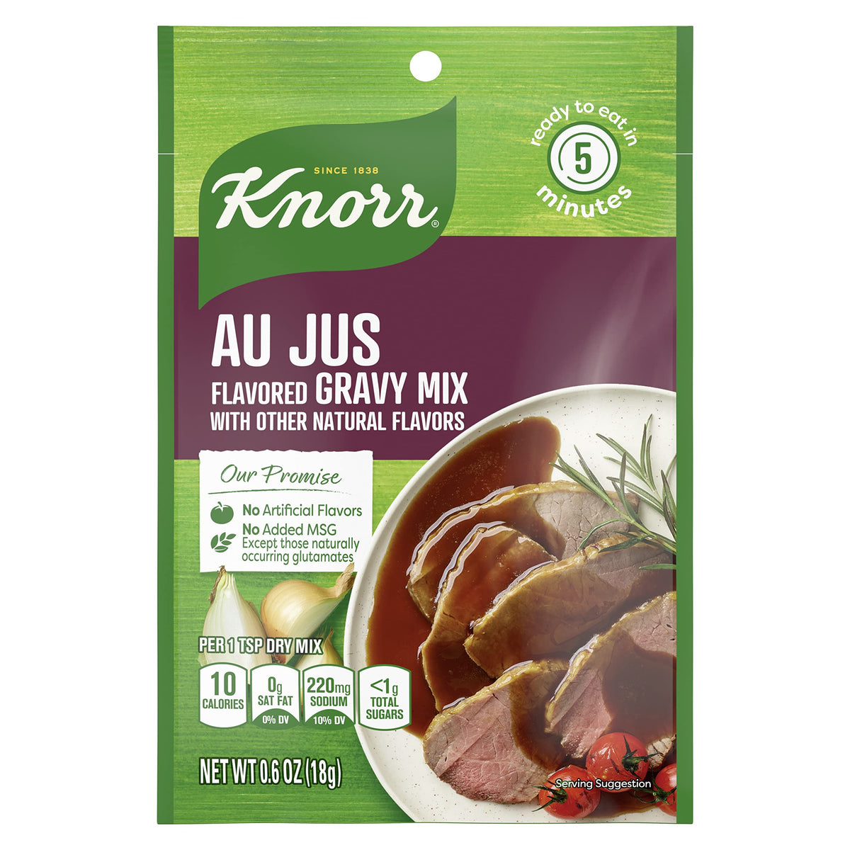 Knorr Gravy Mix Au Jus packet front close-up showcasing packaging and branding.