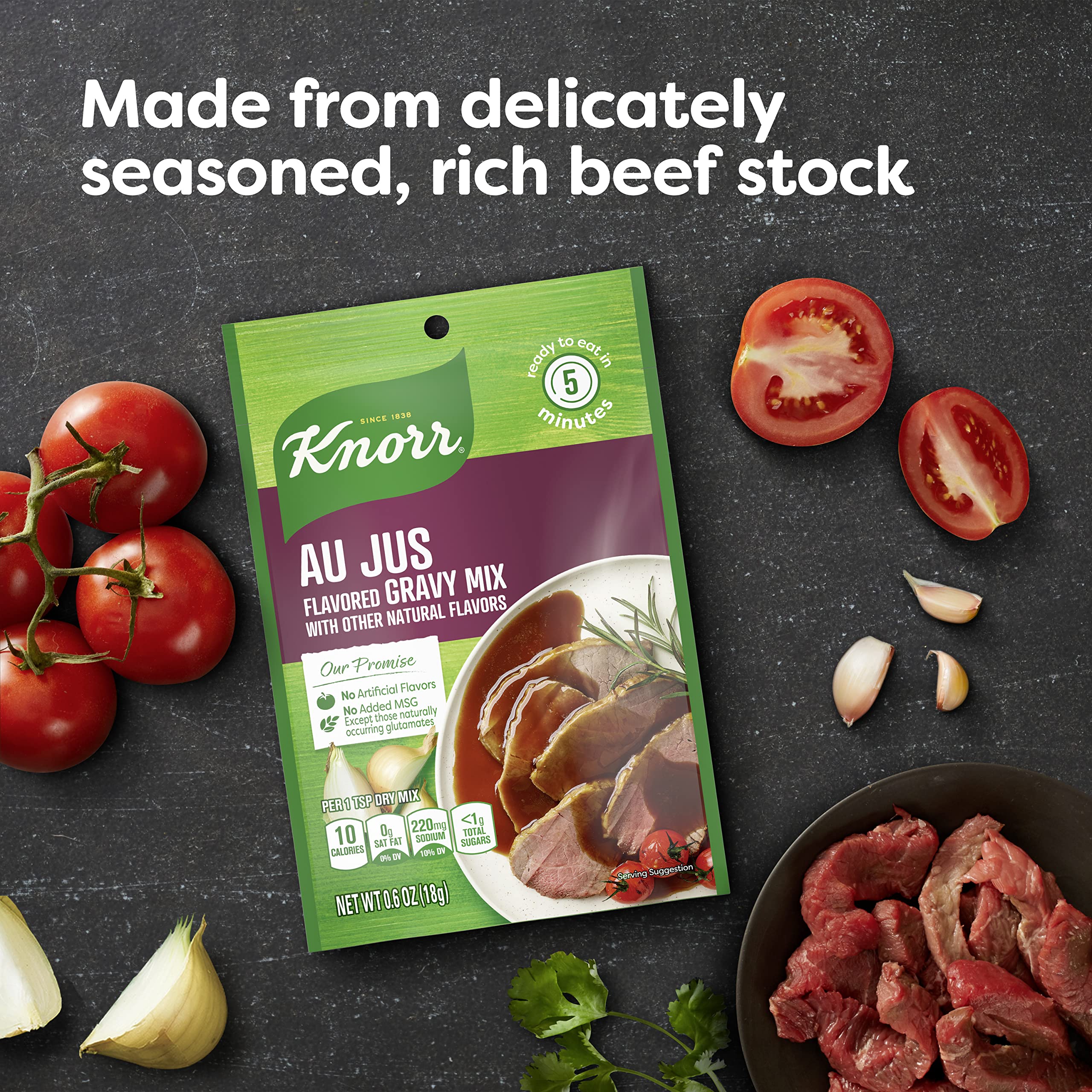 Knorr Gravy Mix Au Jus skillet scene with sizzling beef.
