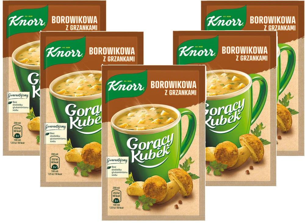 Knorr hot cup porcini mushroom soup with croutons ready in minutes for quick comfort.