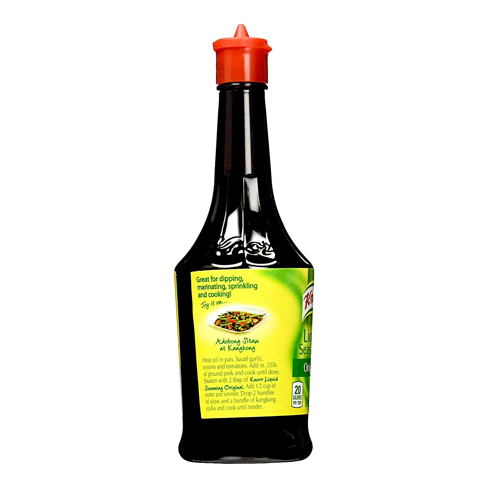 Knorr Liquid Seasoning Original bottle back view with ingredients and tips