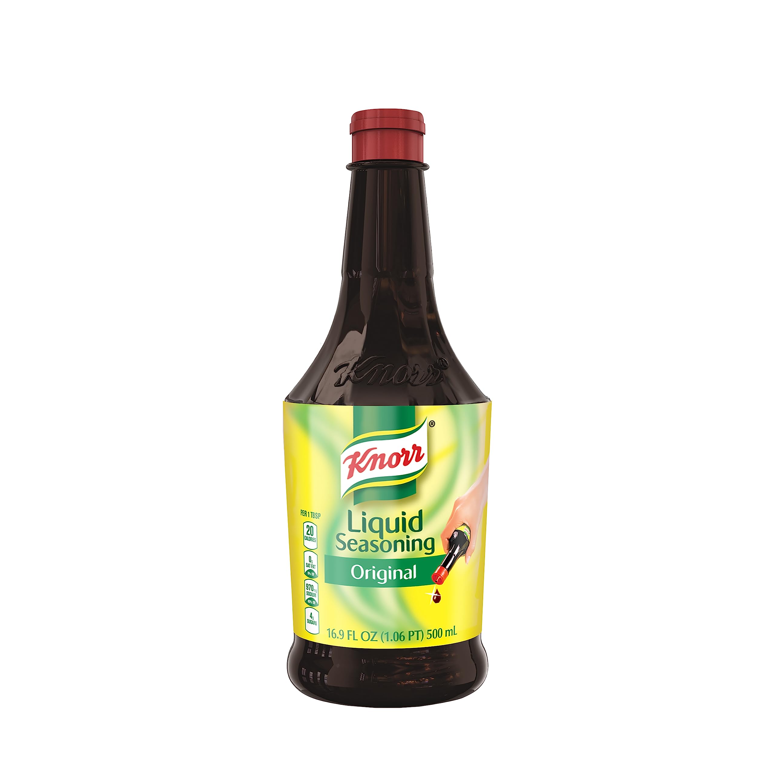 Knorr Liquid Seasoning Original bottle close-up, a rich flavor booster for meals.
