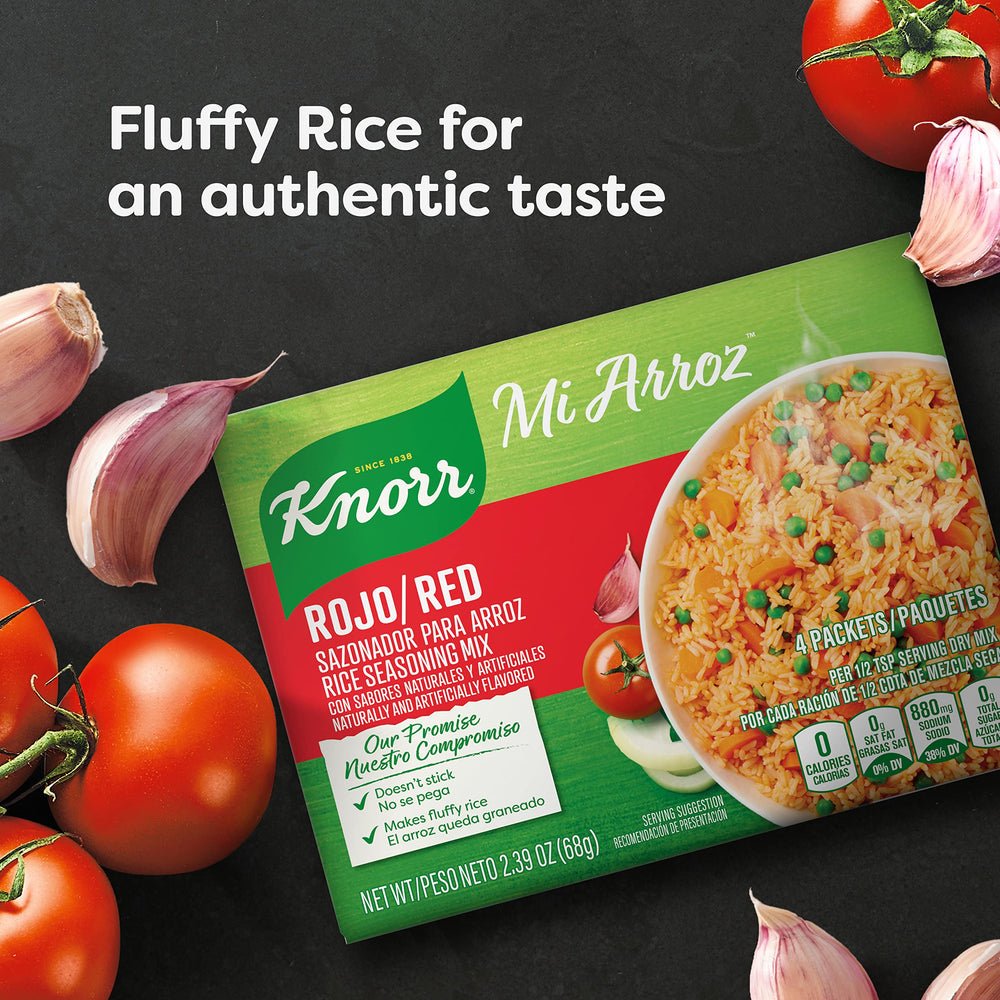 Authentic Knorr flavor enhances everyday rice with Mi Arroz red mix.