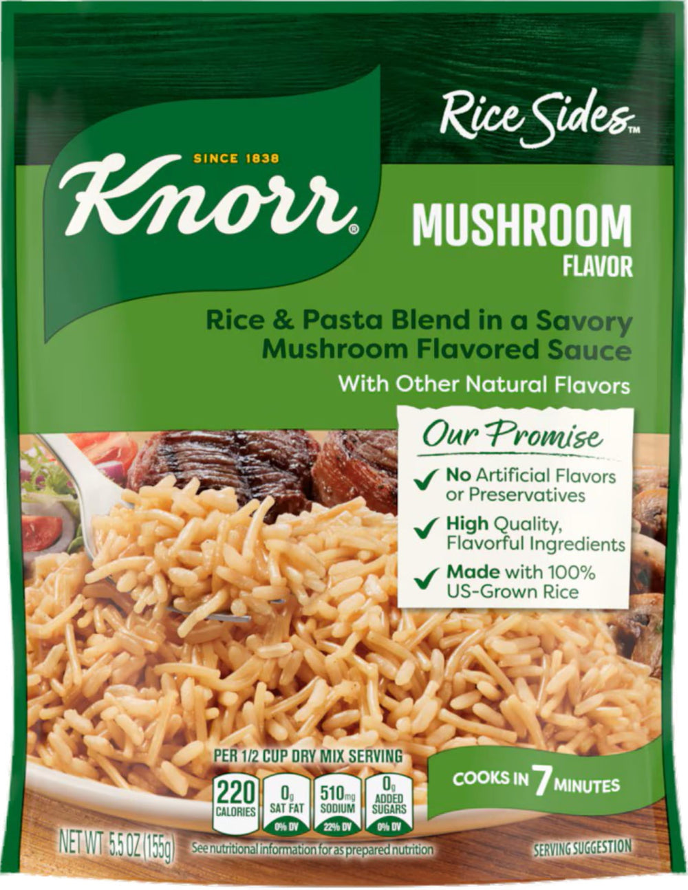 Knorr Mushroom Flavor Rice Sides pack, convenient dinner base.