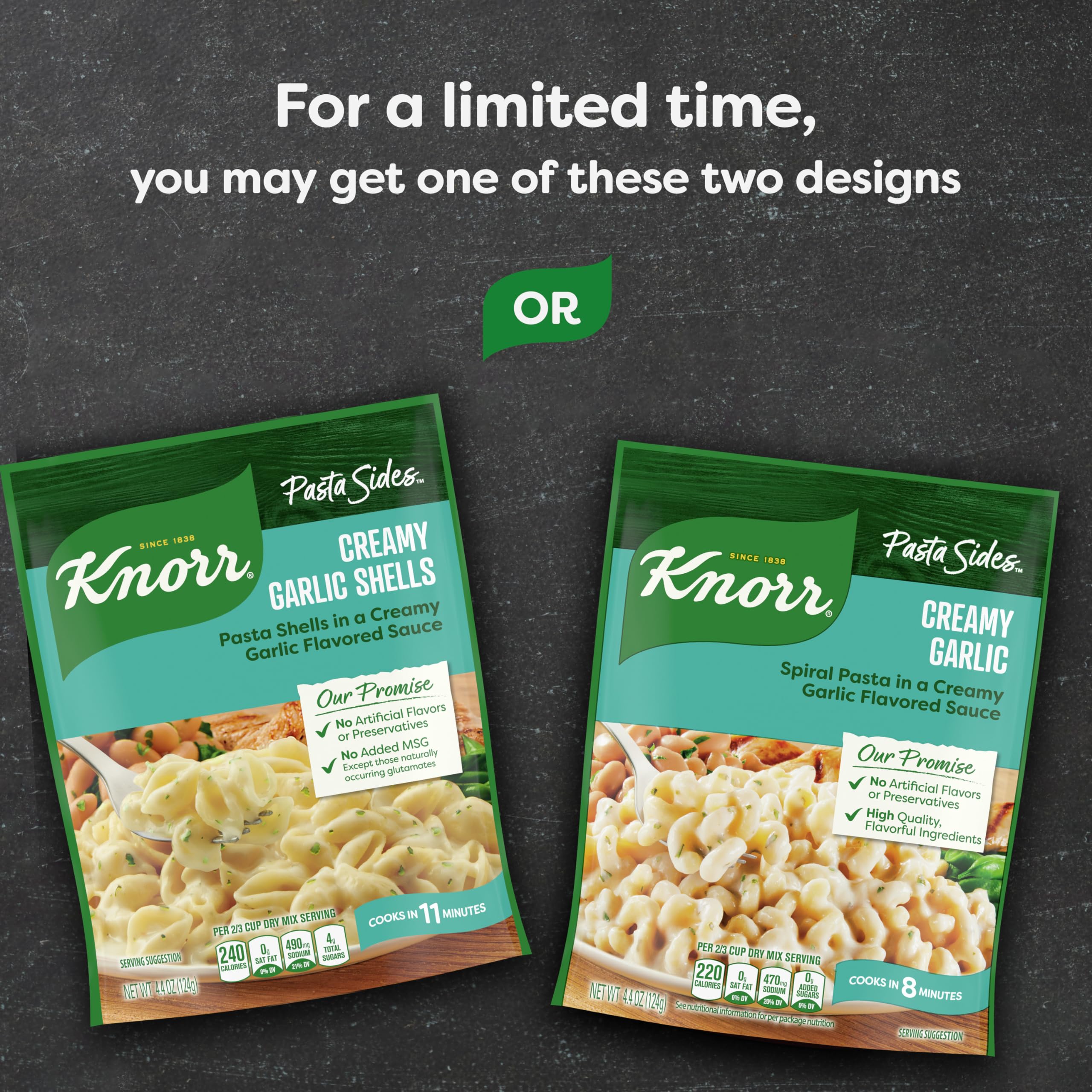 Knorr Pasta Sides Creamy Garlic packaging showcases convenient, versatile side dish.