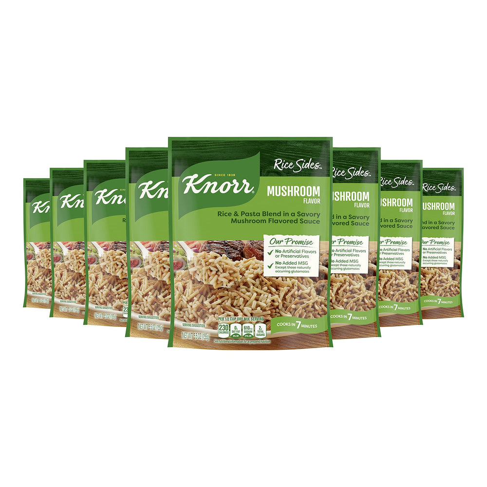 Knorr Rice Sides Mushroom Rice pack front offers quick weeknight dinner groundwork.