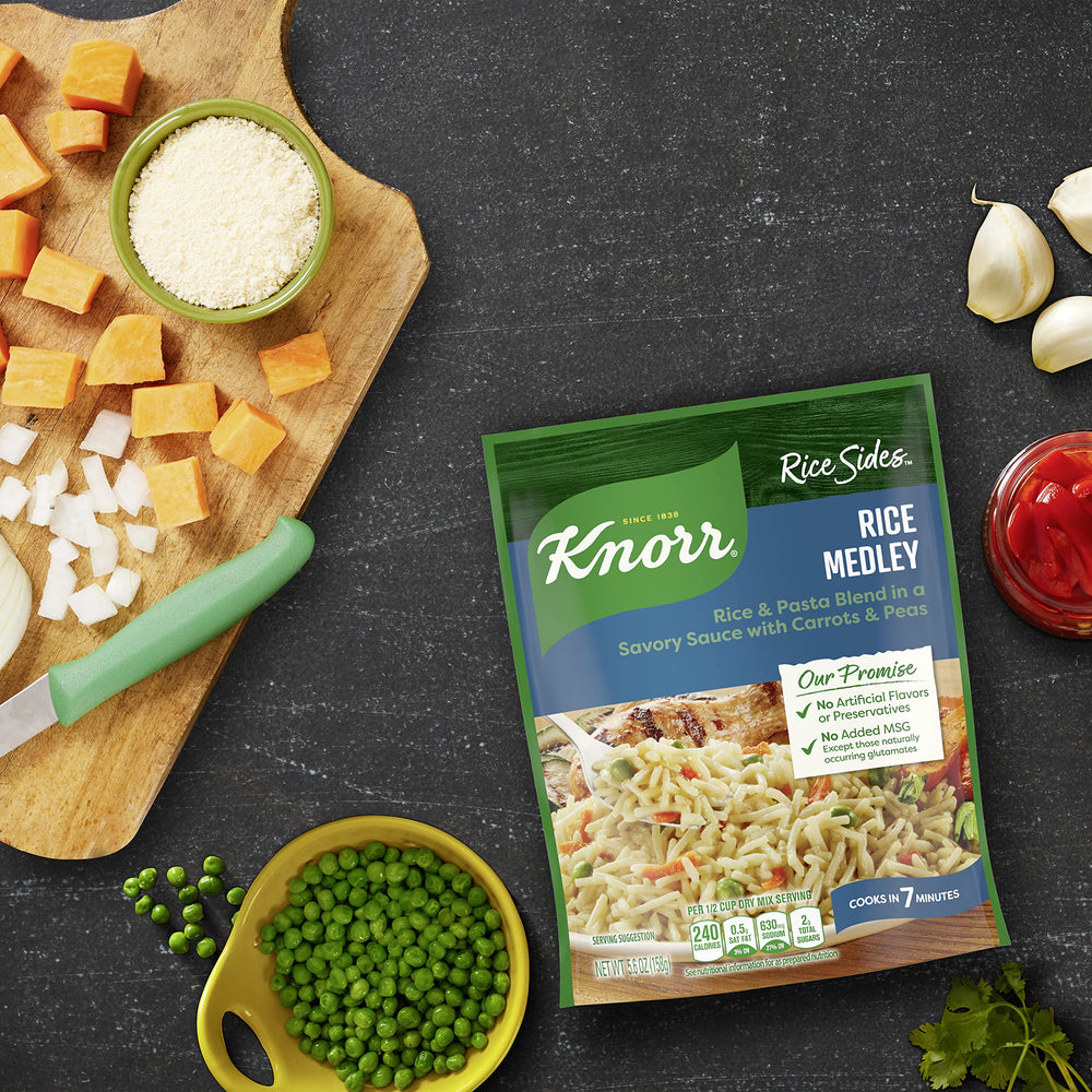 Serving plate featuring Knorr Rice Sides Medley as a base for dinner.