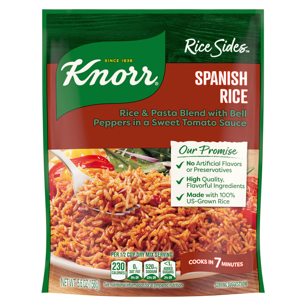 Knorr Rice Sides Spanish Rice pack shows a quick base for weeknight dinners.