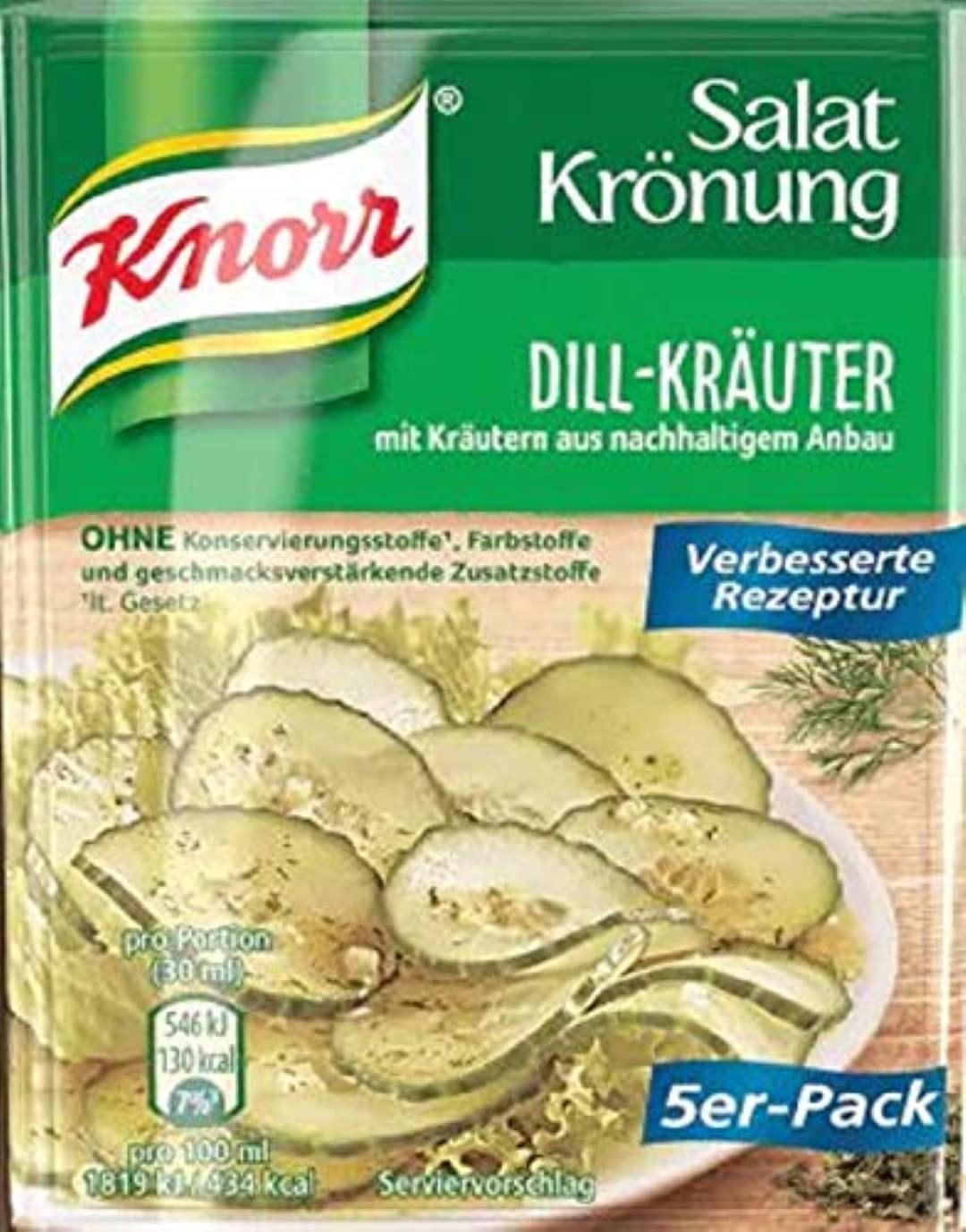 Knorr Salat Kronung dill-krauter dressing bottle enhances cucumber salads with fresh herb flavor.