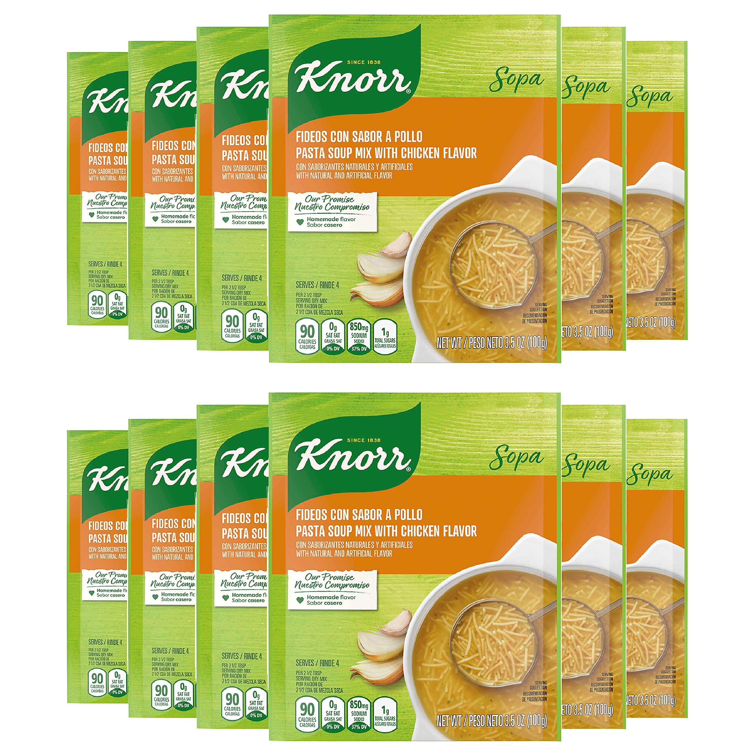 Knorr Sopa Pasta Chicken box front shows a 12-pack for quick meals.