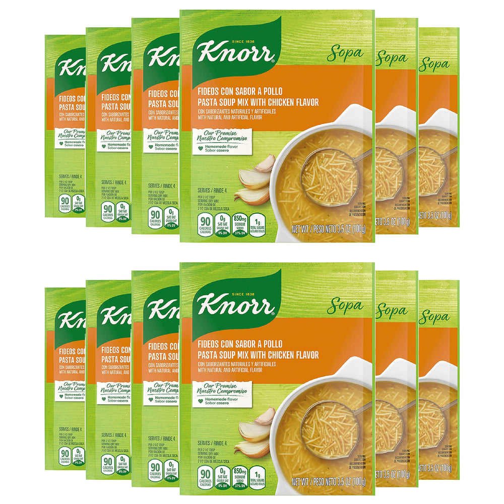 Knorr Sopa Pasta Chicken box front shows a 12-pack for quick meals.