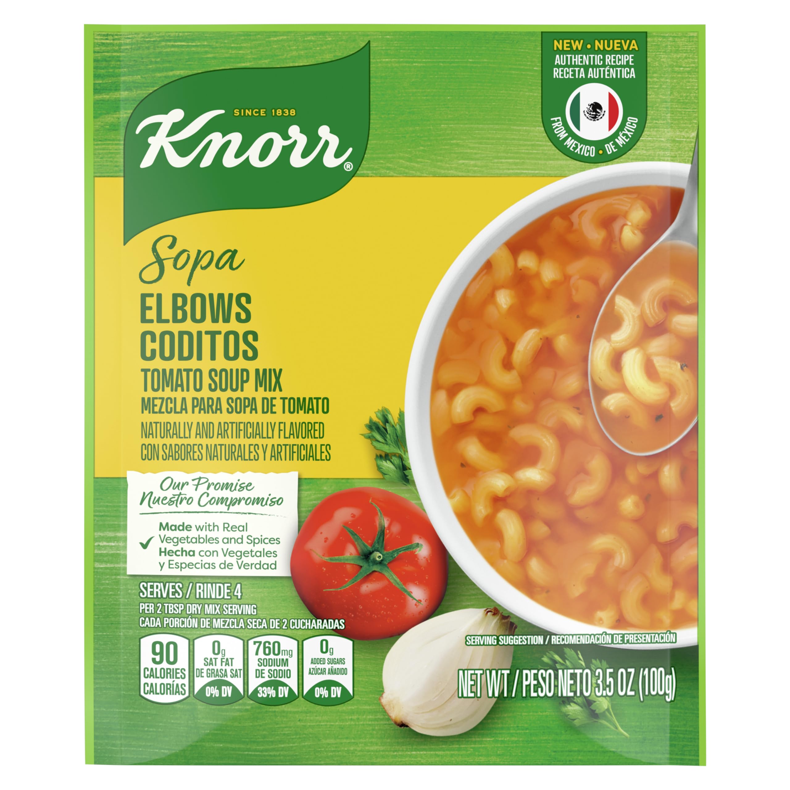 Knorr Sopa/Pasta Tomato with elbow pasta in a bowl, quick dinner option.