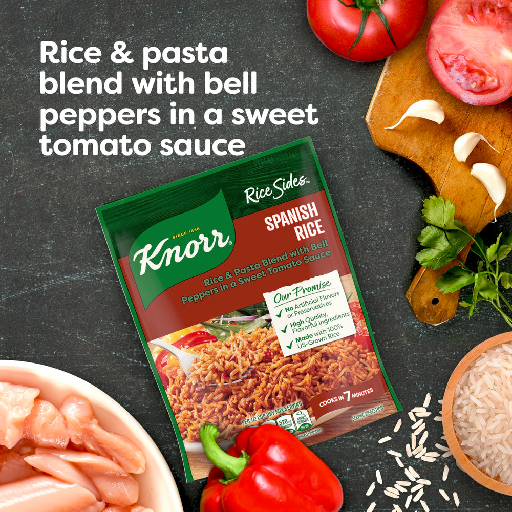 Stovetop cooking scene with Knorr Rice Sides Spanish Rice in a pot.