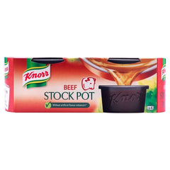 Knorr Stock Pot Beef packaging shows four 28g bricks for quick, richer home cooking.