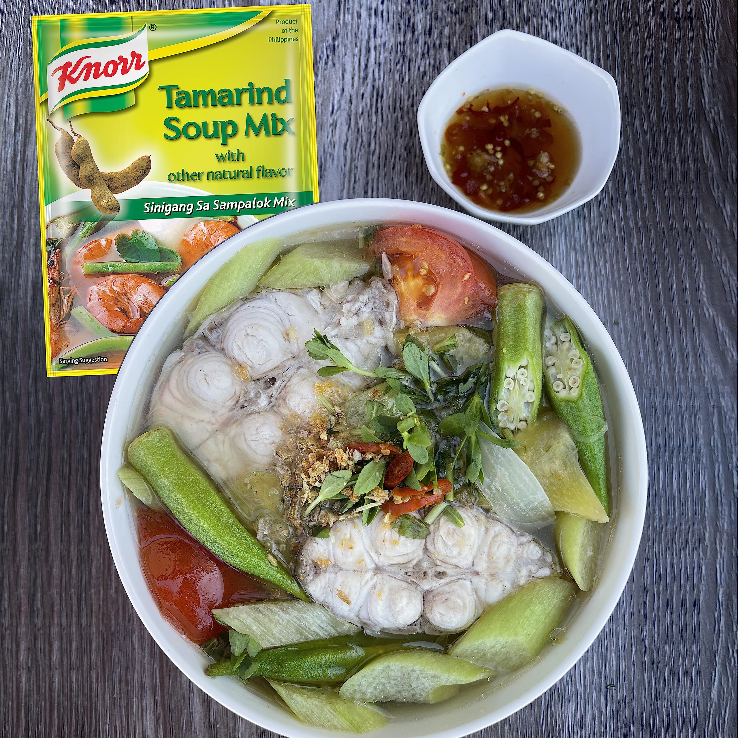 Knorr Tamarind Sinigang ready bowl showing vibrant, tangy broth.