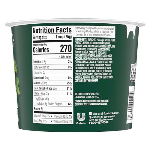 Close-up of Knorr Teriyaki Pasta Cup ingredients featuring broccoli and carrots in a savory sauce.