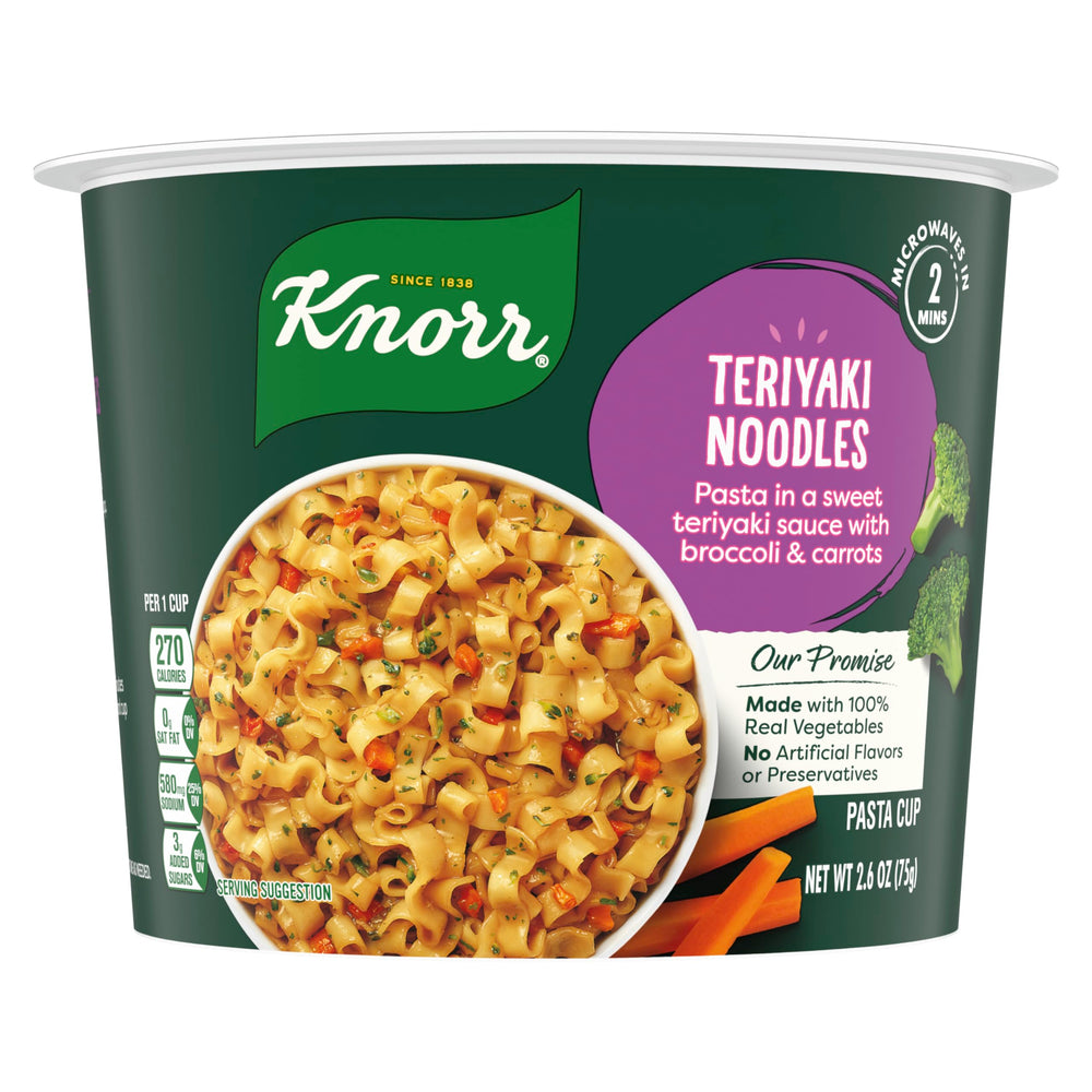 Knorr Teriyaki Pasta Cup packaging highlights convenient single-serve design for busy schedules.