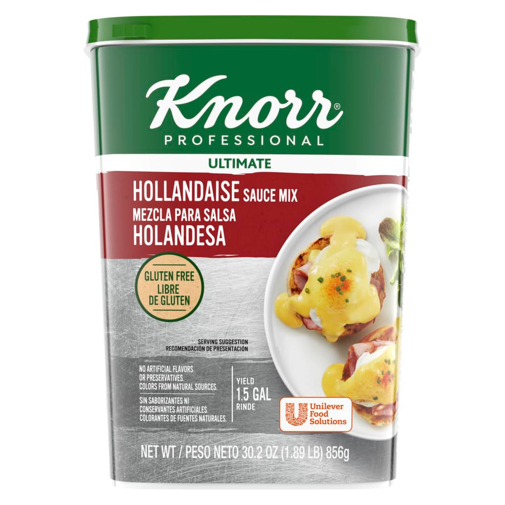 Knorr Ultimate Hollandaise Sauce Mix container showing gluten-free base for quick sauces.