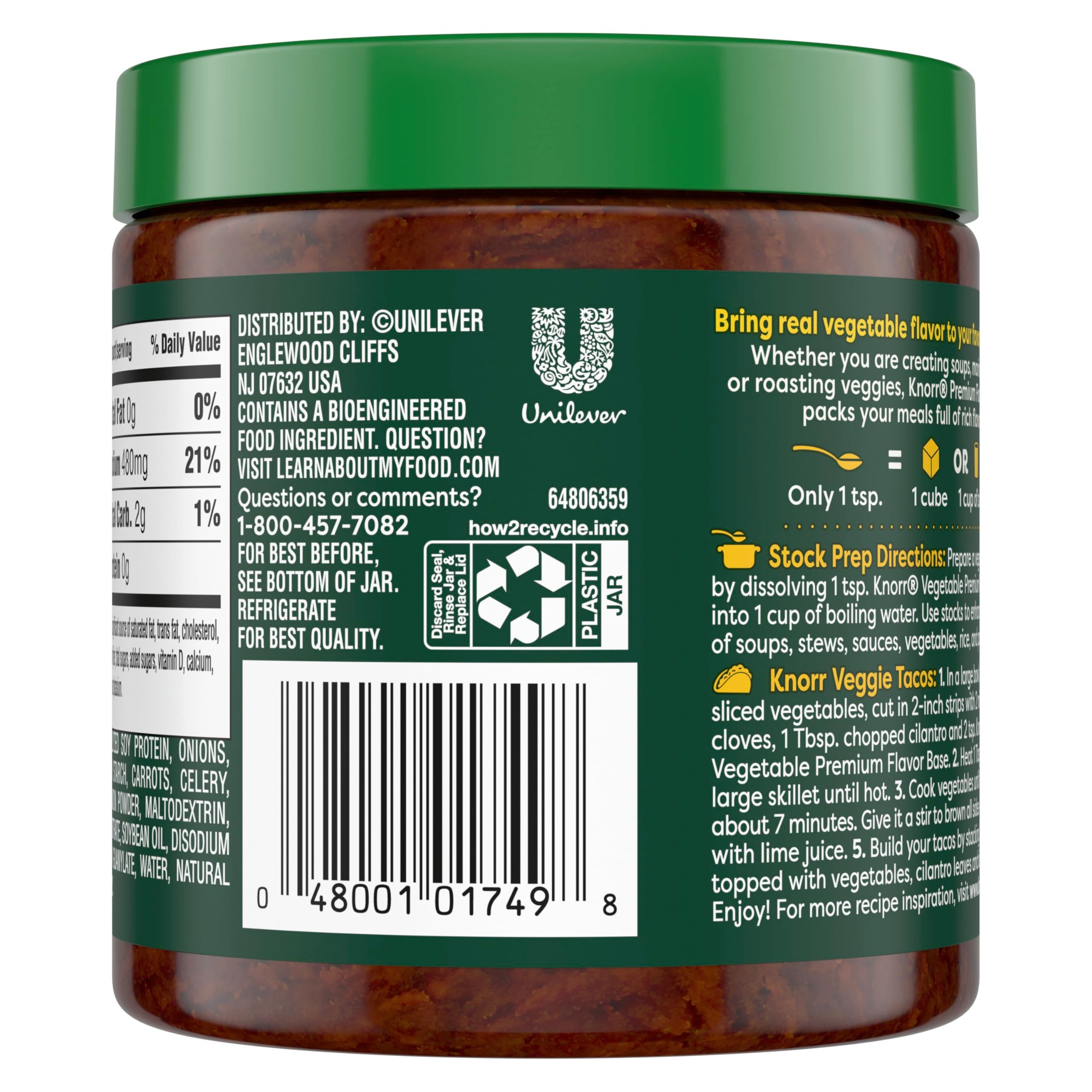 Knorr Vegetable Flavor Base stock cup demonstrates one-teaspoon to stock conversion.