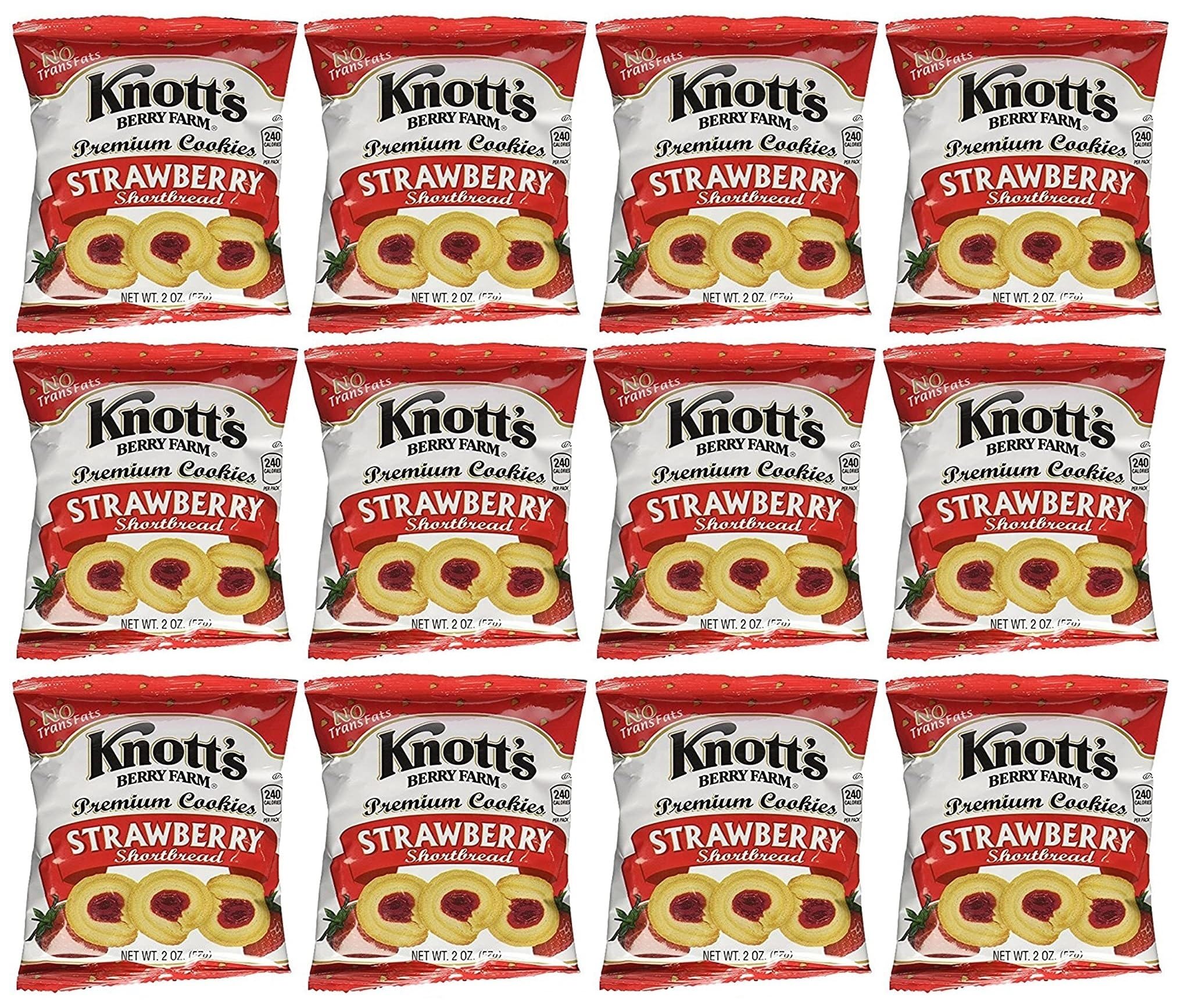 Knott's Berry Farm strawberry shortbread pack front, convenient 2 oz snack for on-the-go.