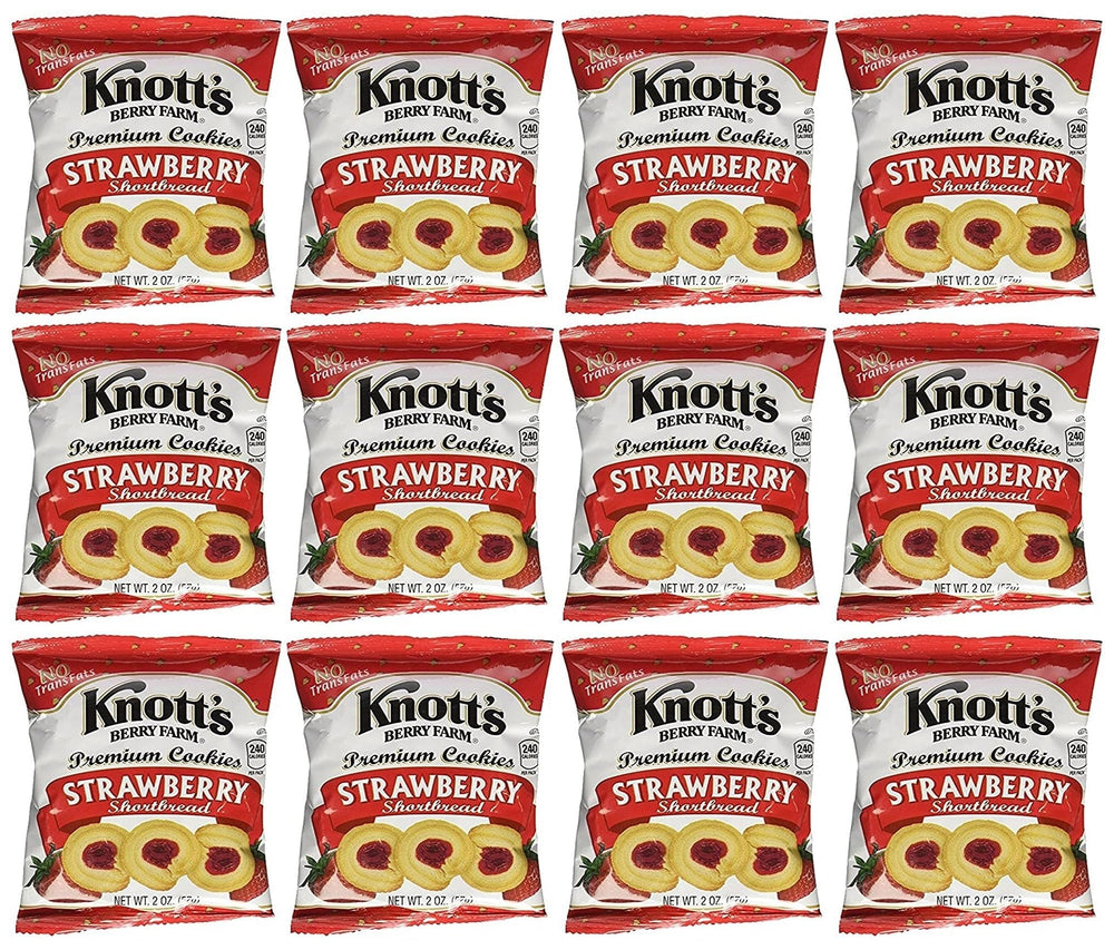 Knott's Berry Farm strawberry shortbread pack front, convenient 2 oz snack for on-the-go.