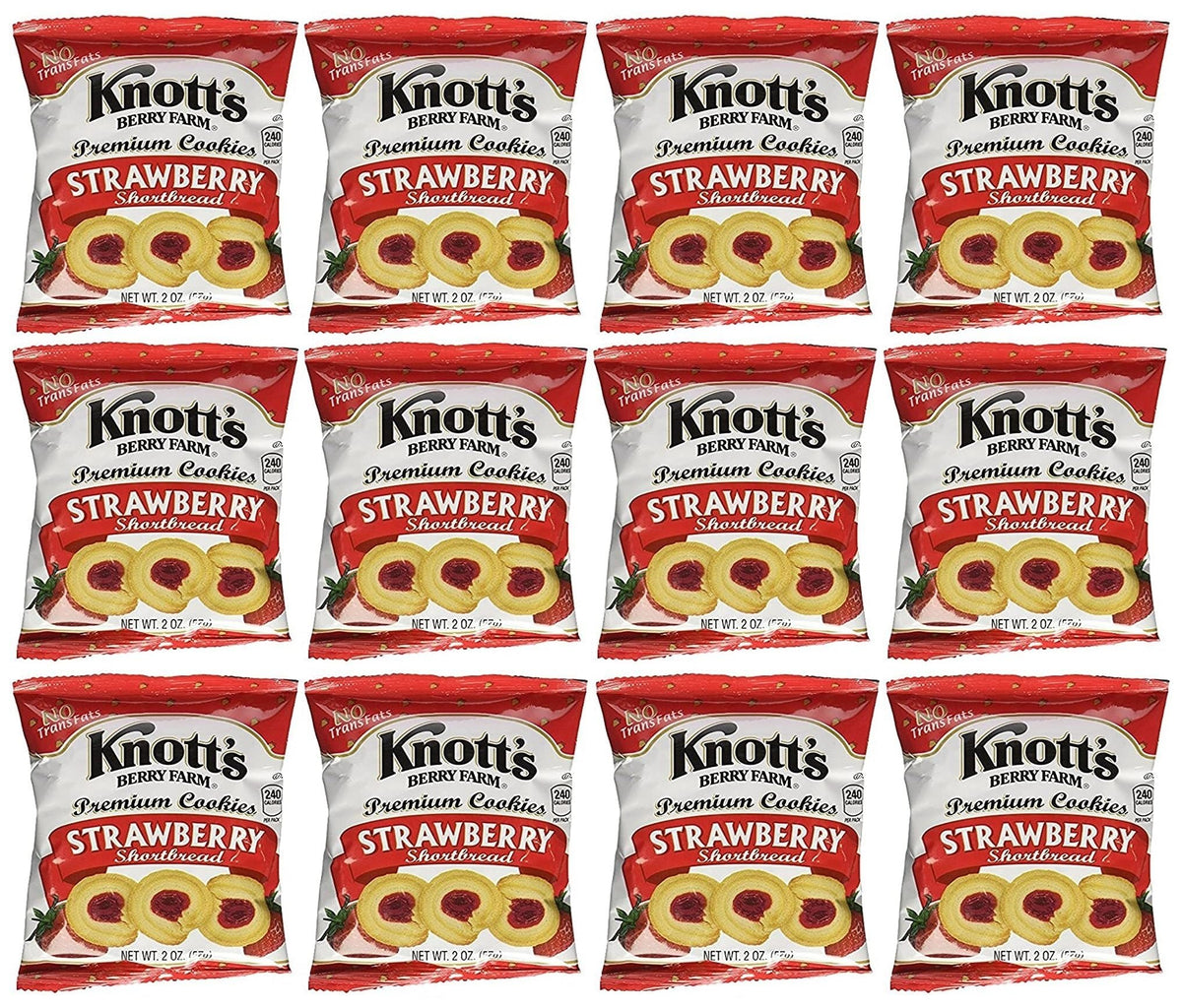 Knott's Berry Farm strawberry shortbread pack front, convenient 2 oz snack for on-the-go.