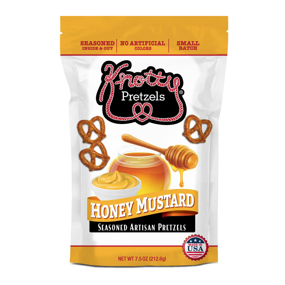 Knotty Pretzels Honey Mustard bag showing bold sweet-savory flavor ideal for beer moments.