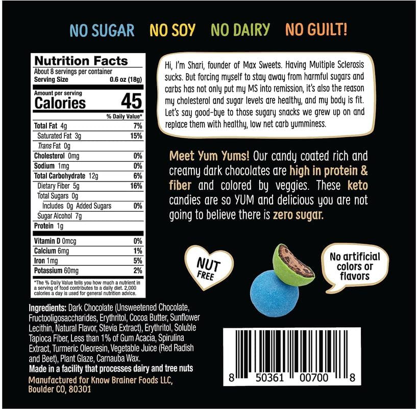 Know Brainer YumYums dark chocolate bites close-up highlighting vegan ingredients.