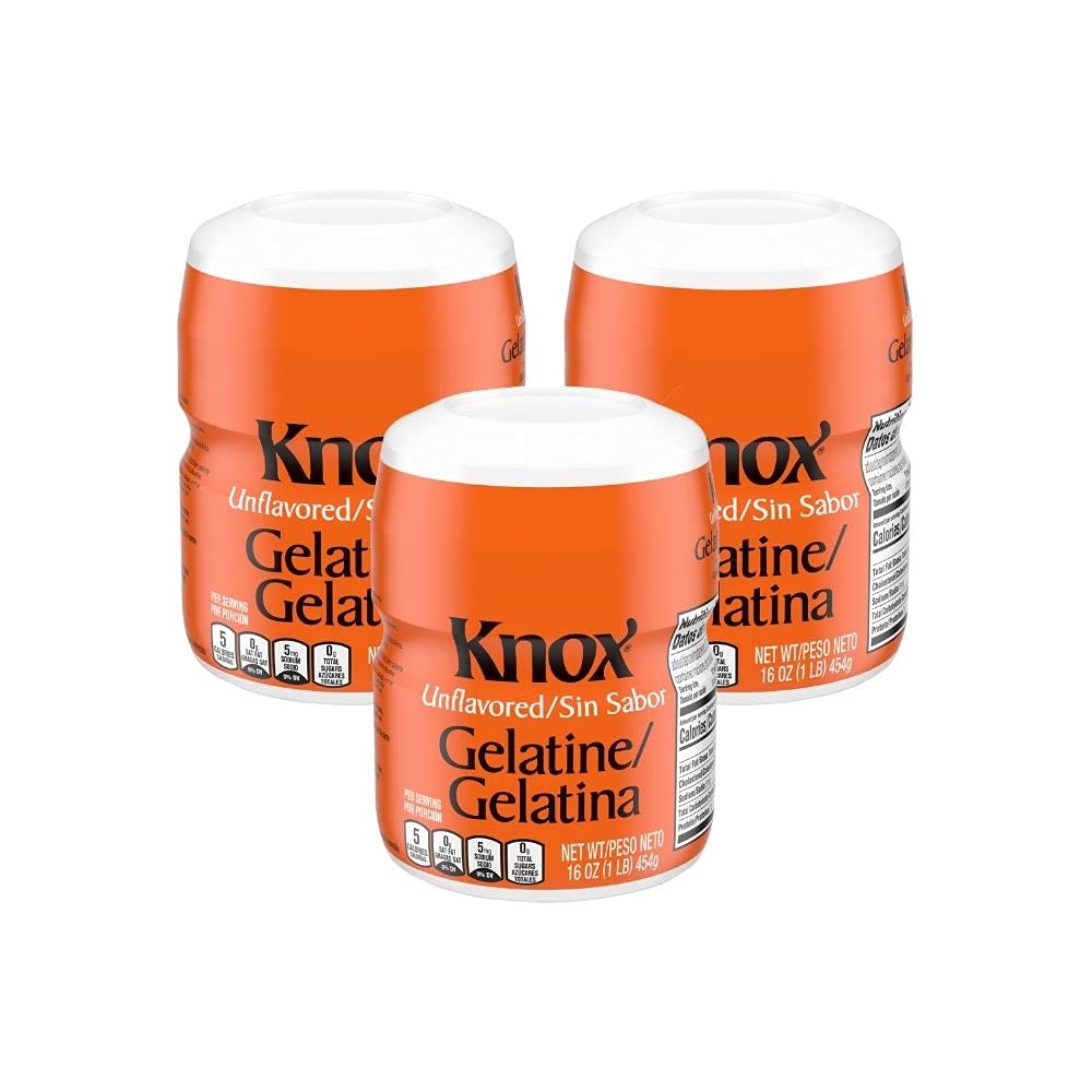 Knox Gelatin unflavored 1lb canisters in a three-pack for versatile dessert thickening.